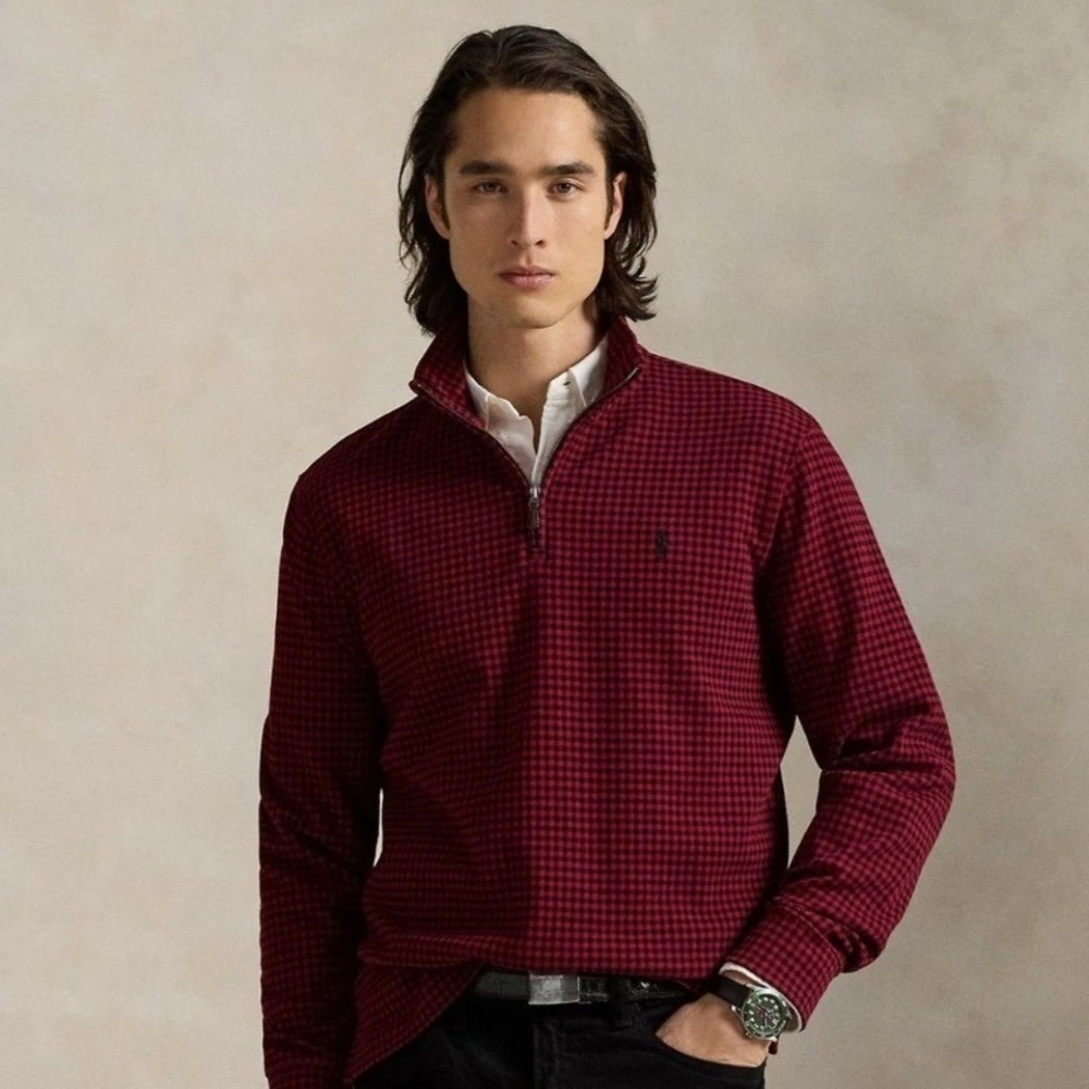 Polo Ralph Lauren Estate Rib Quarter Zip Pullover Red Check NWT XL